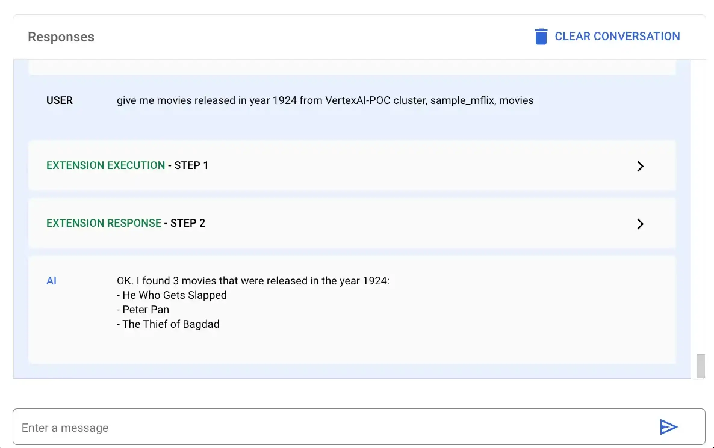 Screenshot of the Vertex AI response to the natural language query