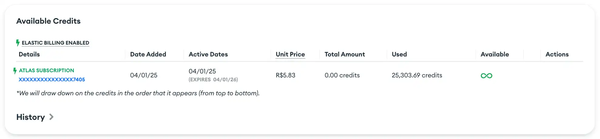 On your Available Credits table, Elastic Billing subscriptions display an infinity symbol in the "Available" column.
